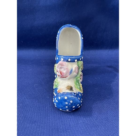 Miniature Porcelain Blue Shoe with White Polka Dots - Picture 2 of 7